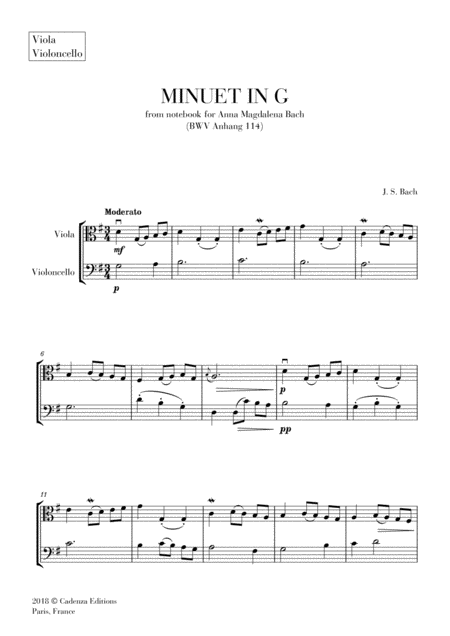 Minuet In G From Anna Magdalena Notebook For Viola And Cello Duet String Duet Sheet Music