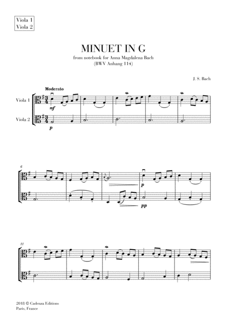 Minuet In G From Anna Magdalena Notebook For Viola Duet String Duet Sheet Music