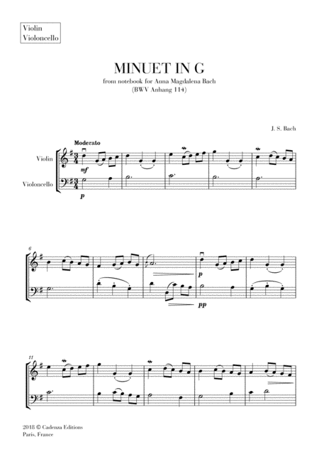 Minuet In G From Anna Magdalena Notebook For Violin And Cello String Duet Sheet Music