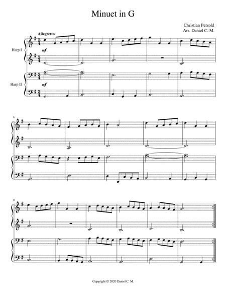 Free Sheet Music Minuet In G Harp Duet