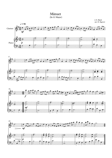 Minuet In G Major Johann Sebastian Bach For Clarinet Piano Sheet Music