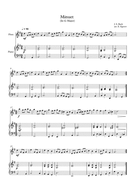 Minuet In G Major Johann Sebastian Bach For Flute Piano Sheet Music