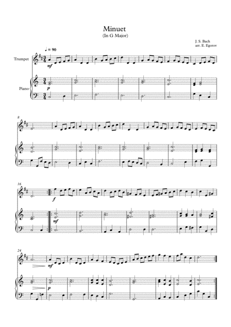 Minuet In G Major Johann Sebastian Bach For Trumpet Piano Sheet Music