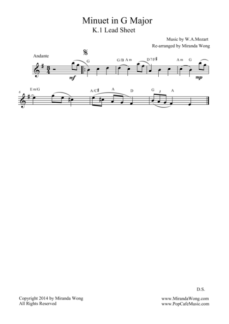 Free Sheet Music Minuet In G Major K 1 Mozart For Flute Solo Lead Sheet