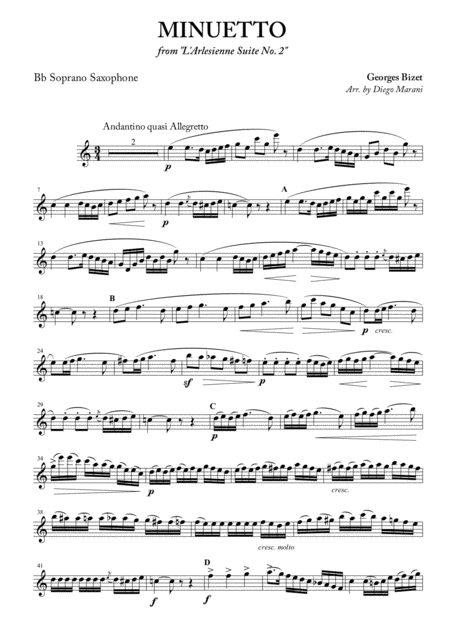 Minuetto From L Arlesienne Suite No 2 For Saxophone Quartet Sheet Music