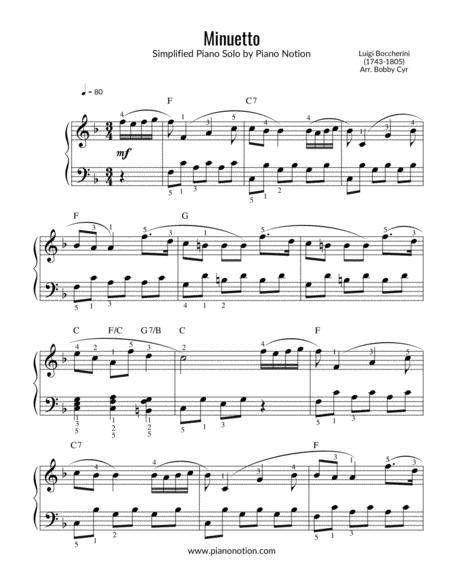 Free Sheet Music Minuetto Minuet Boccherini Simplified Piano Solo