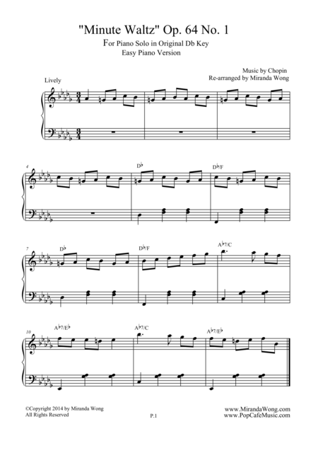 Minute Waltz In Original Db Key Op 64 No 1 Easy Piano Solo Sheet Music