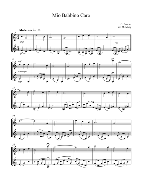 Free Sheet Music Mio Babbino Caro Arr For Violin Duet