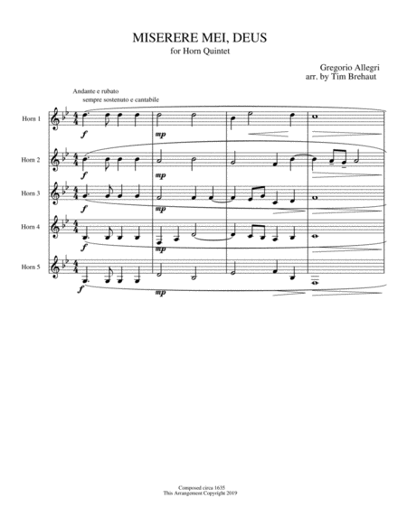 Miserere Mei Deus Gregorio Allegri Horn Quintet Sheet Music