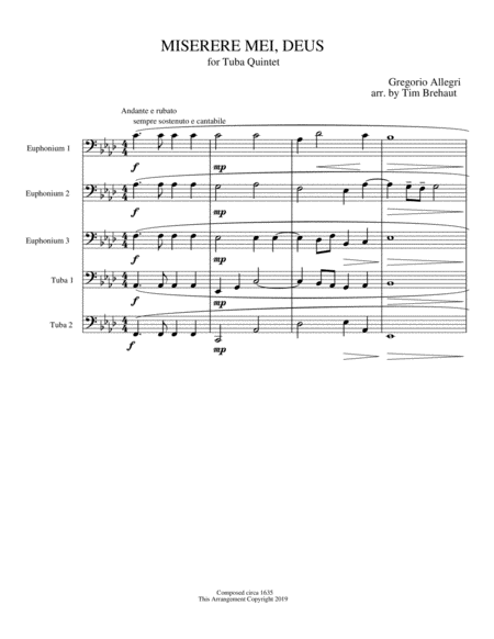 Free Sheet Music Miserere Mei Deus Gregorio Allegri Tuba Quintet