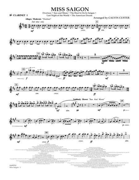 Miss Saigon Arr Calvin Custer Bb Clarinet 1 Sheet Music