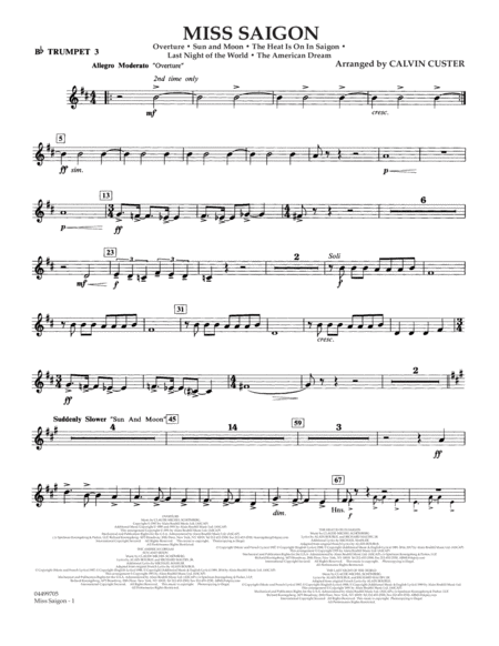 Miss Saigon Arr Calvin Custer Bb Trumpet 3 Sheet Music