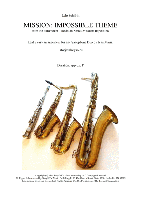 Mission Impossible Theme Easy Saxophone Duo Sheet Music