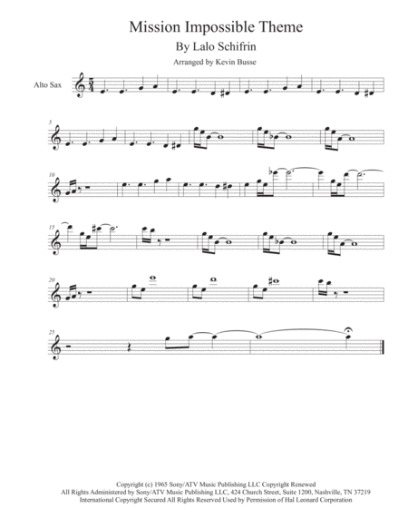 Mission Impossible Theme From The Paramount Television Series Mission Impossible Alto Sax Sheet Music
