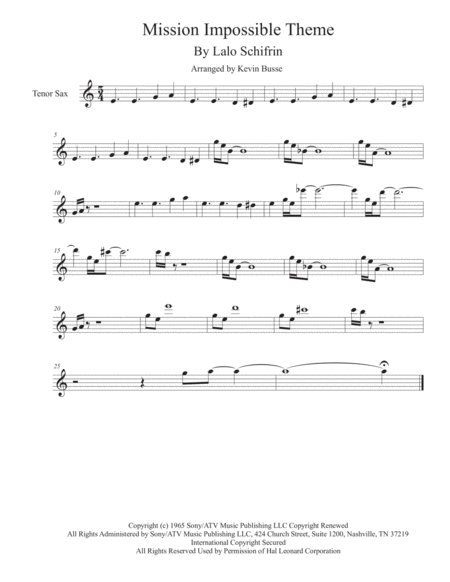 Mission Impossible Theme From The Paramount Television Series Mission Impossible Tenor Sax Sheet Music
