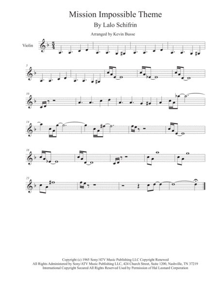 Mission Impossible Theme From The Paramount Television Series Mission Impossible Violin Sheet Music