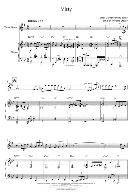 Misty For Tenor Horn And Piano Sheet Music