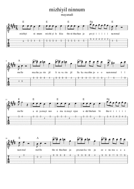 Mizhiyil Ninnum Mayanadi Song Sheet Music With Tabs Lyrics And Chords Sheet Music