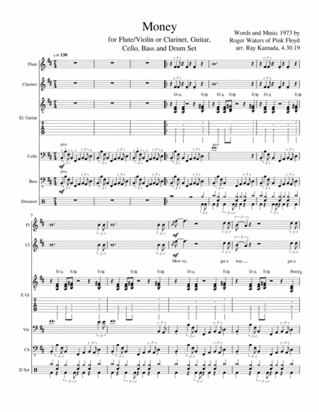 Money For Flute Or Violin Or Oboe Or Clarinet Guitar Cello Or Bassoon Bass And Drum Set Sheet Music