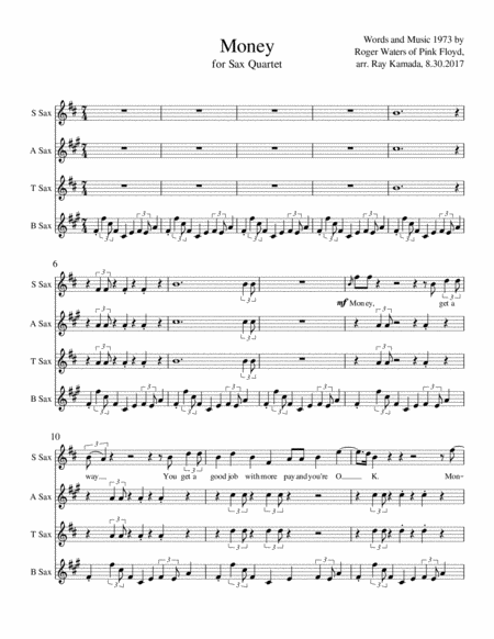 Free Sheet Music Money For Sax Quartet