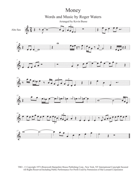 Money Sax Solo In Easy Key Of C Alto Sax Sheet Music