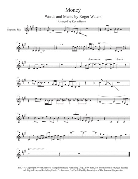 Free Sheet Music Money Soprano Sax Solo