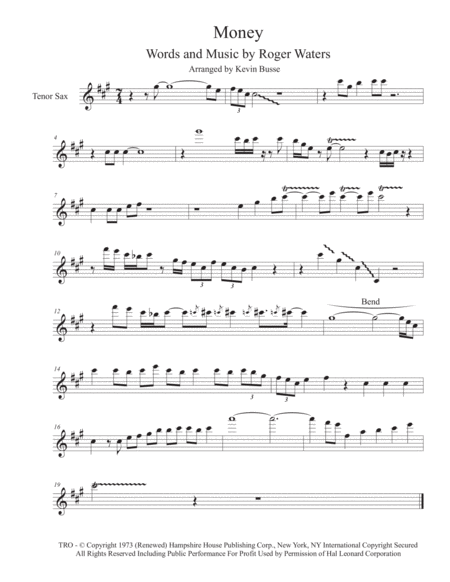 Money Tenor Sax Solo Sheet Music