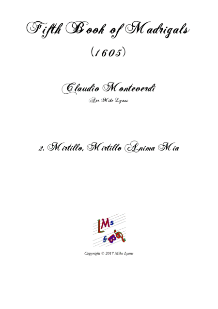Free Sheet Music Monteverdi The Fifth Book Of Madrigals 1605 2 O Mirtillo Mirtillo Anima Mia