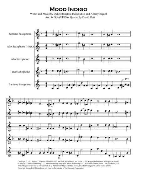 Mood Indigo Fors A Atb Sax Quartet Sheet Music