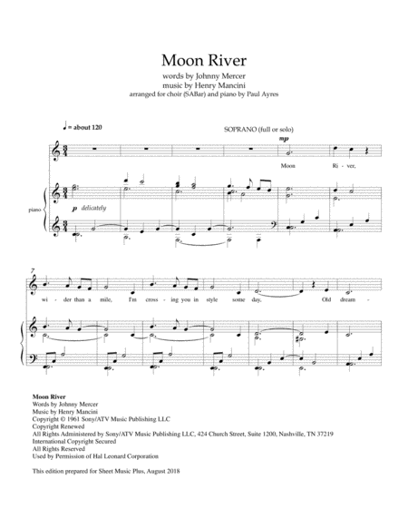 Moon River Arranged For Choirs A Bar And Piano Sheet Music