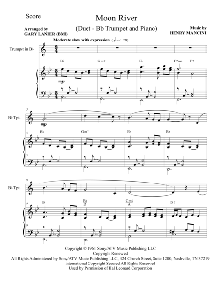 Free Sheet Music Moon River Duet Bb Trumpet And Piano Score And Parts