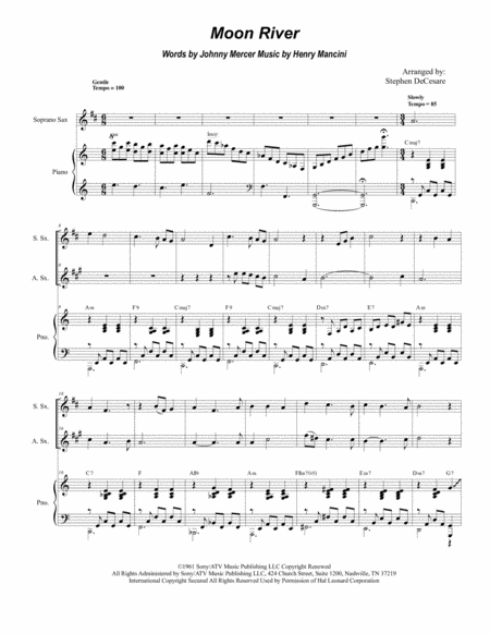 Moon River Duet For Soprano And Alto Saxophone Sheet Music