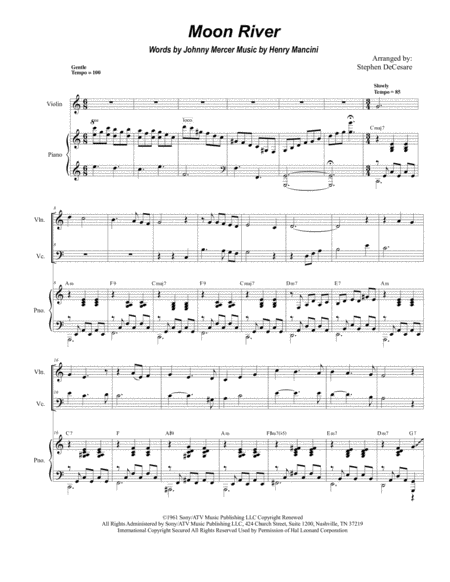 Free Sheet Music Moon River Duet For Violin And Cello