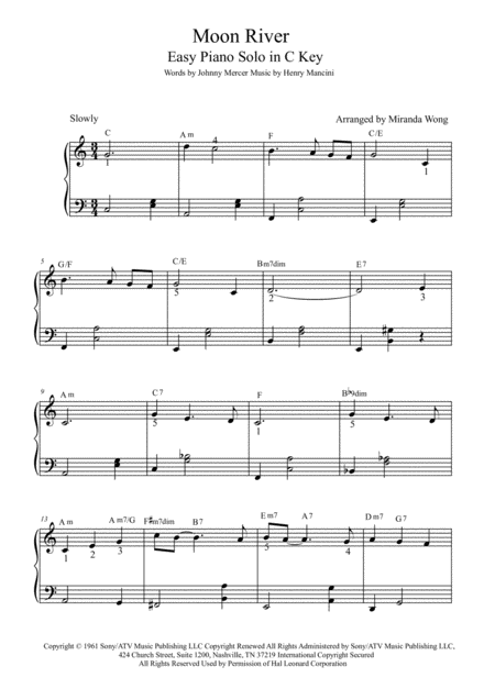 Free Sheet Music Moon River Easy Piano Solo In C Key With Chords