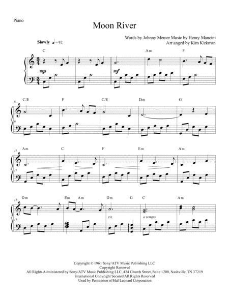 Free Sheet Music Moon River For Piano In C No Black Notes Needed