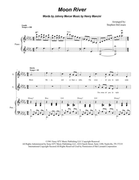 Free Sheet Music Moon River For Sab