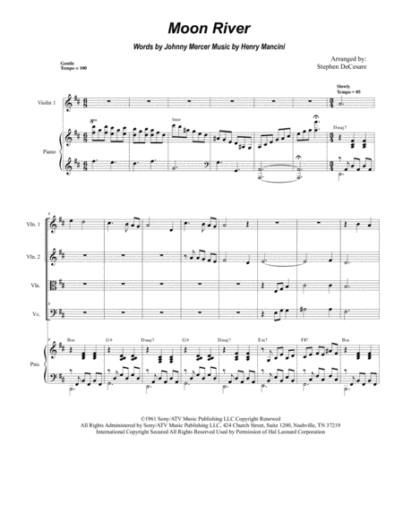 Moon River For String Quartet And Piano Sheet Music