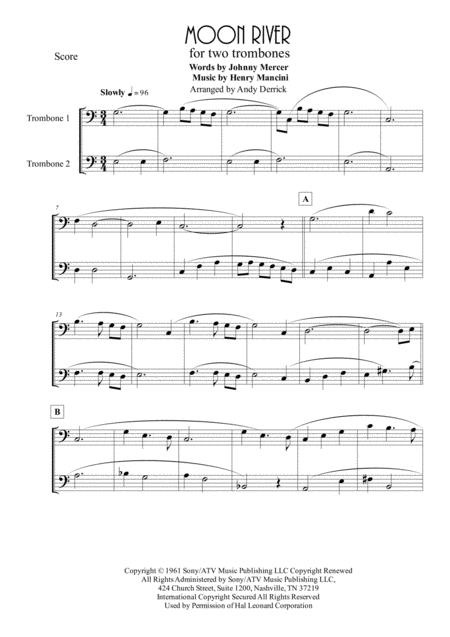 Moon River For Trombone Duet Sheet Music