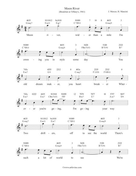 Moon River Mancini Mercer Chord Melody Arrangement For Ukulele Sheet Music