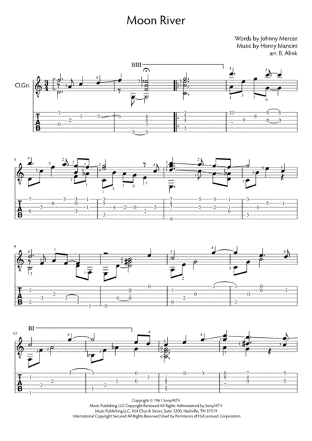 Free Sheet Music Moon River Std Notation And Tablature