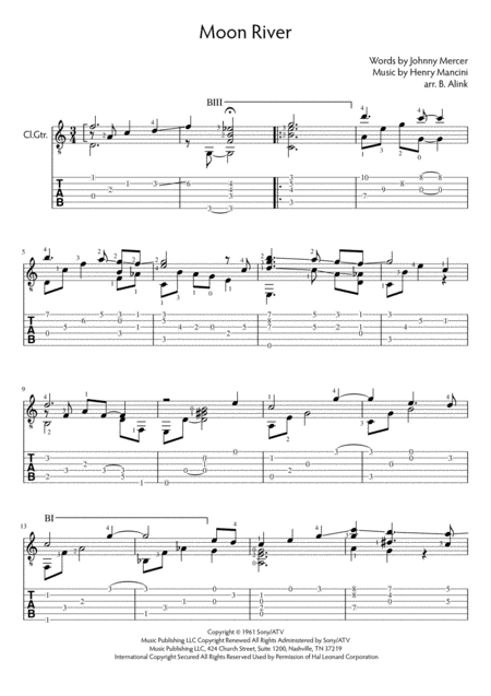 Moon River Std Notation And Tablature Sheet Music