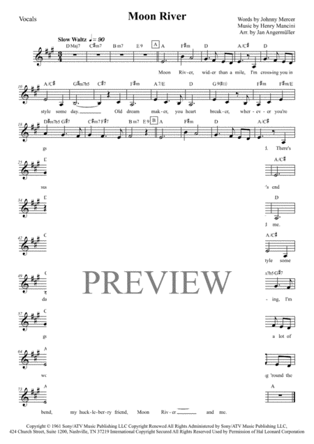 Moon River Vocals W Chords Key A Major Sheet Music