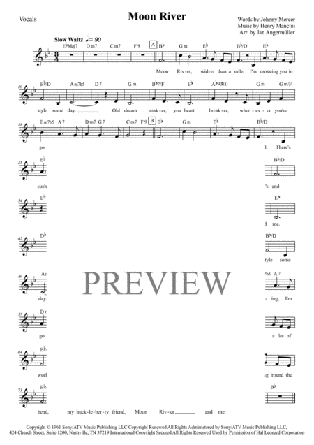 Moon River Vocals W Chords Key Bb Major Sheet Music