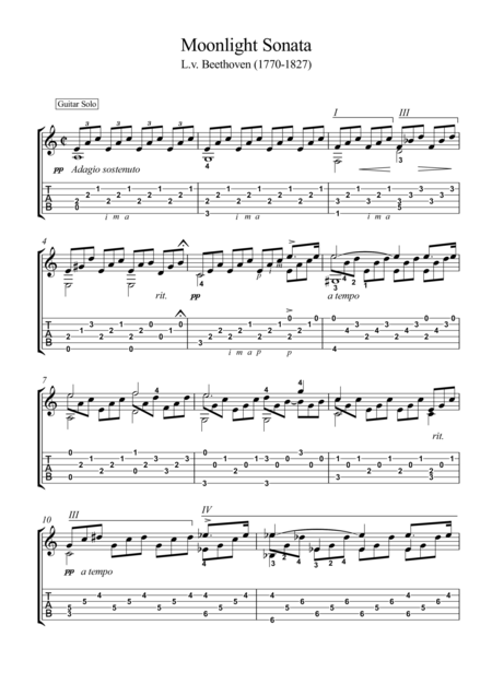 Free Sheet Music Moonlight Sonata Classical Guitar Solo With Tablature