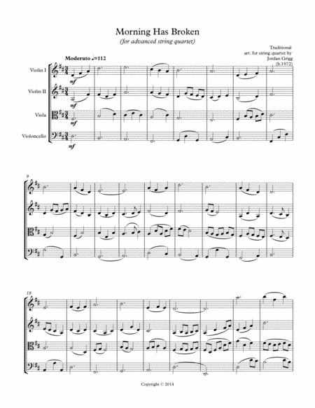 Free Sheet Music Morning Has Broken Advanced String Quartet