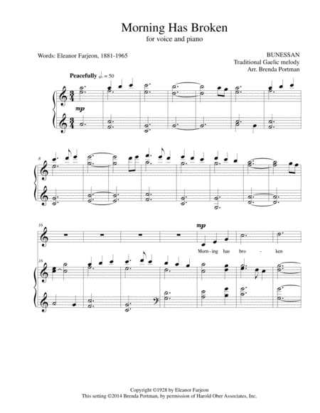 Free Sheet Music Morning Has Broken Bunessan Medium Voice Arr Brenda Portman