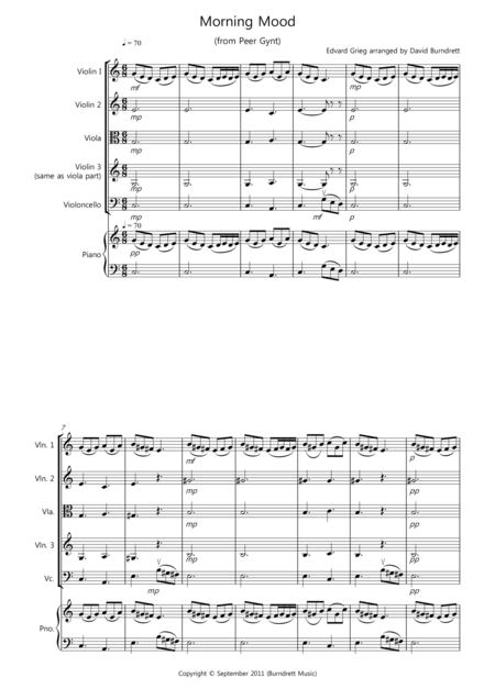 Morning Mood From Peer Gynt For String Quartet Sheet Music