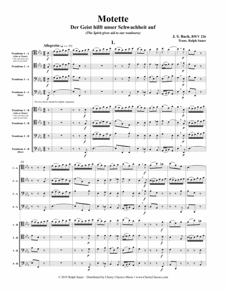 Motet Der Geist Hilft Unser Schwachheit Auf The Spirit Gives Aid To Our Weakness Bwv 266 For 8 Part Trombone Ensemble Sheet Music