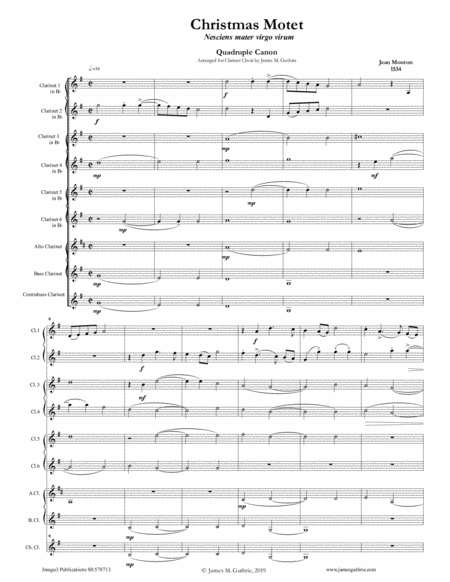 Mouton Christmas Motet For Clarinet Choir Sheet Music