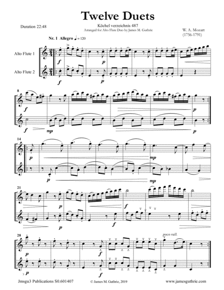 Mozart 12 Duets K 487 For Alto Flute Duo Sheet Music